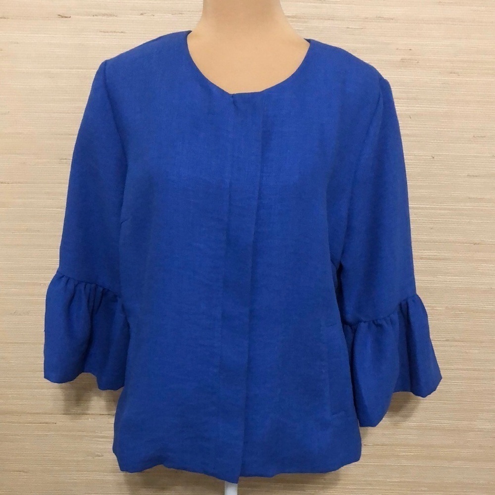 Anthro Women's Blue Ruffle Bell Sleeve Hidden Front Zip Blazer Jacket sz Medium